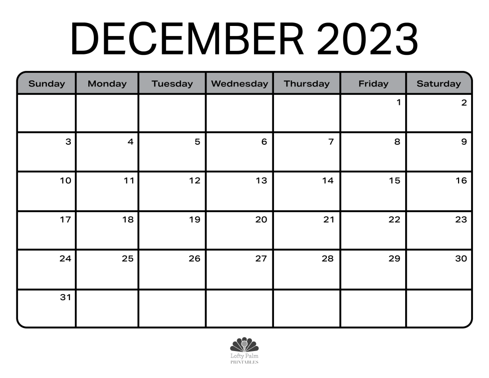 December 2023 Calendars | Free Printable Calendars - Lofty Palm