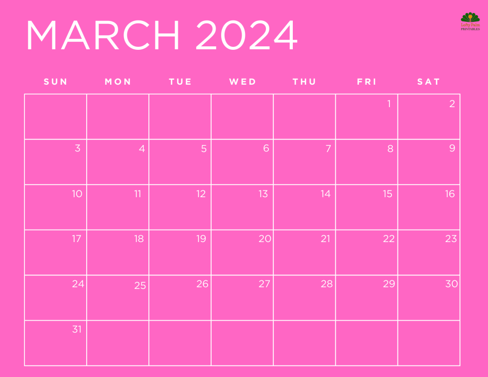 March 2024 Calendars | Free Printable Calendars - Lofty Palm